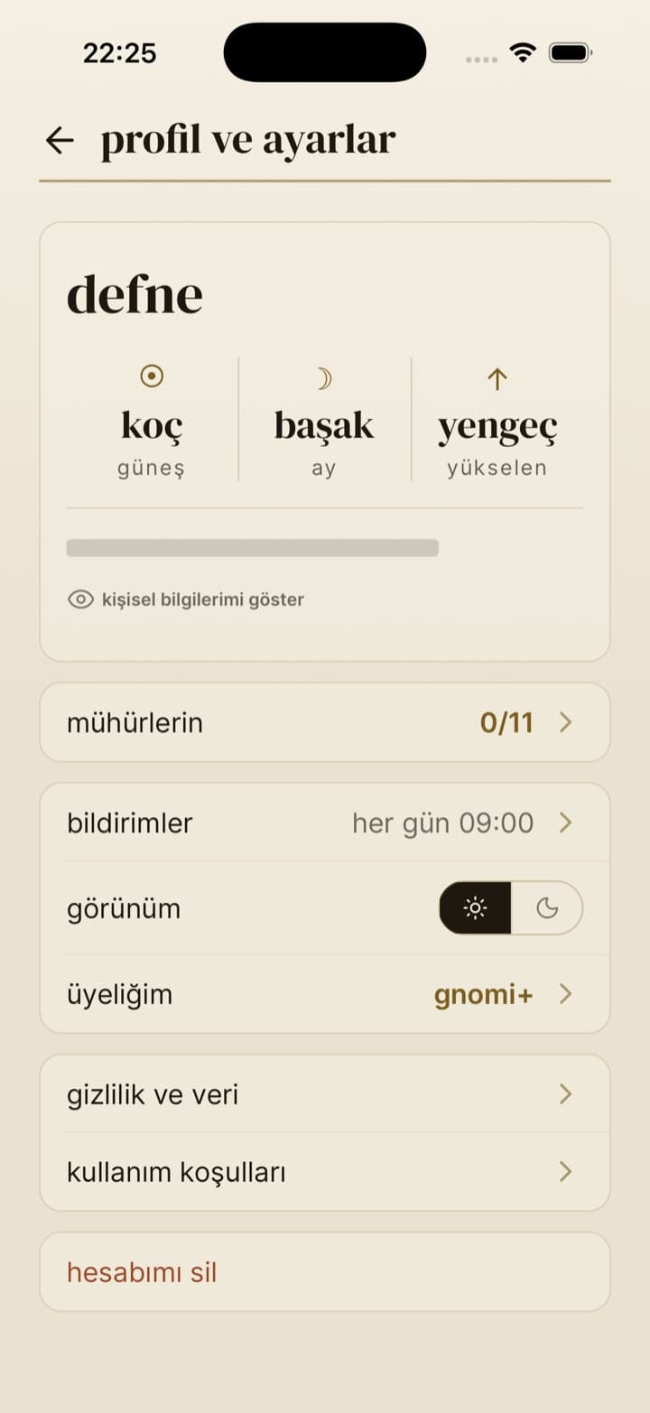 gnomi's profile and settings screen